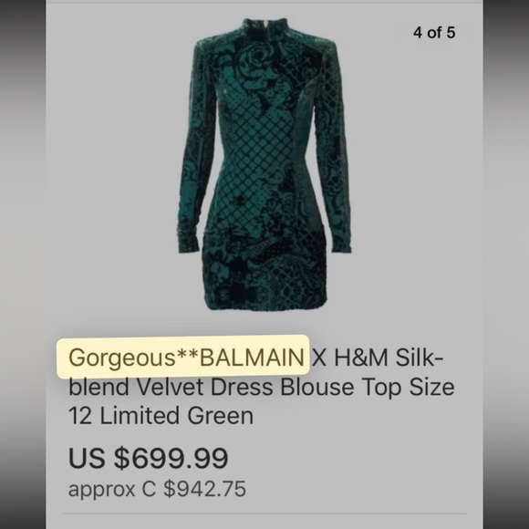 Balmain x H&M Velvet Crushed Green Long Sleeve Gold Zip Dress - Picture 5 of 6